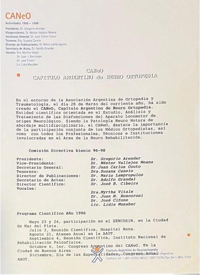 Acta Fundacional del CANeO, Capítulo Argentino de Neuro Ortopedia — Hoja I: autoridades 1996–1998 y creación de la entidad