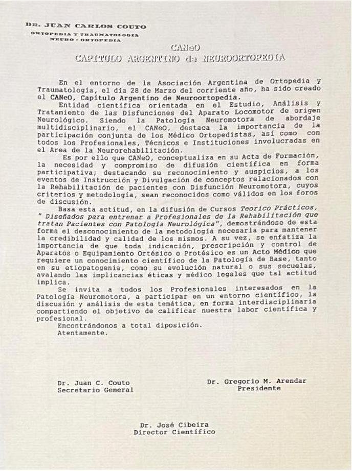 Acta Fundacional del CANeO, Capítulo Argentino de Neuroortopedia — Hoja II: carta institucional firmada por el Secretario General y el Presidente